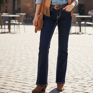 True Religion Navy Flare Jeans with Contrast Stitching
